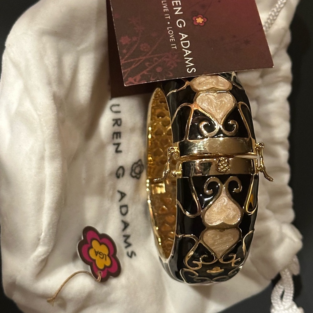 LAuren G Adams Gold-Tone Black & Cream Enamel Hinged Bangle Bracelet